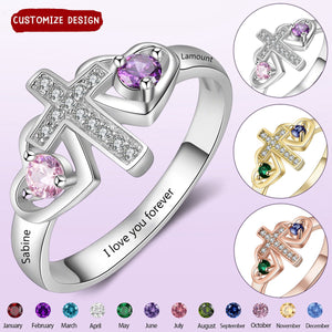 Personalized Cross Rings With 2 Birthstones - Custom Name Faith Promise Rings