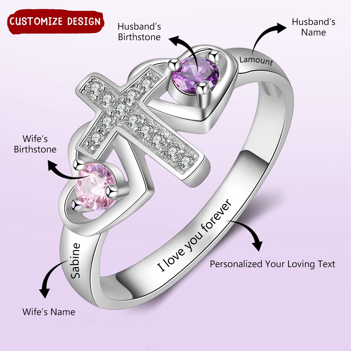 Personalized Cross Rings With 2 Birthstones - Custom Name Faith Promise Rings