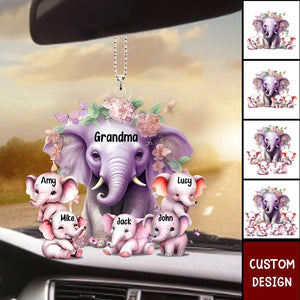 Mama/Nana Purple Elephant With Little Kids - Personalized Acrylic Ornament - Gift For Mom, Grandma